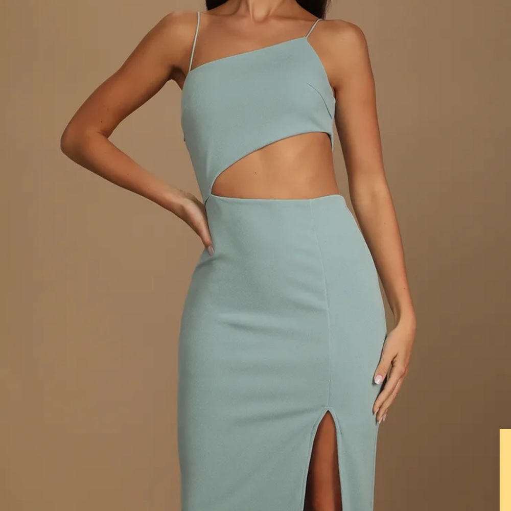 Flawless Attitude Sage Blue Asymmetrical Cutout Midi Dress